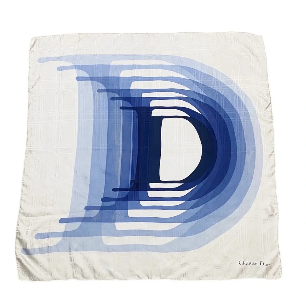 AUTHENTICATED DIOR Silk Scarf D Logo Navy Blue White Top Bandana Bag Sarong